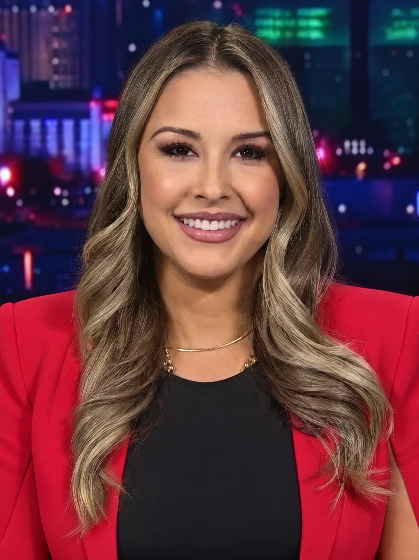 Ariadna Jacob in her red blazer during a television interview